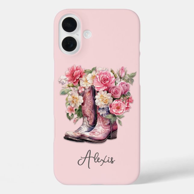 Pink Boots with Flowers Monogrammed Case-Mate iPhone Case (Back)