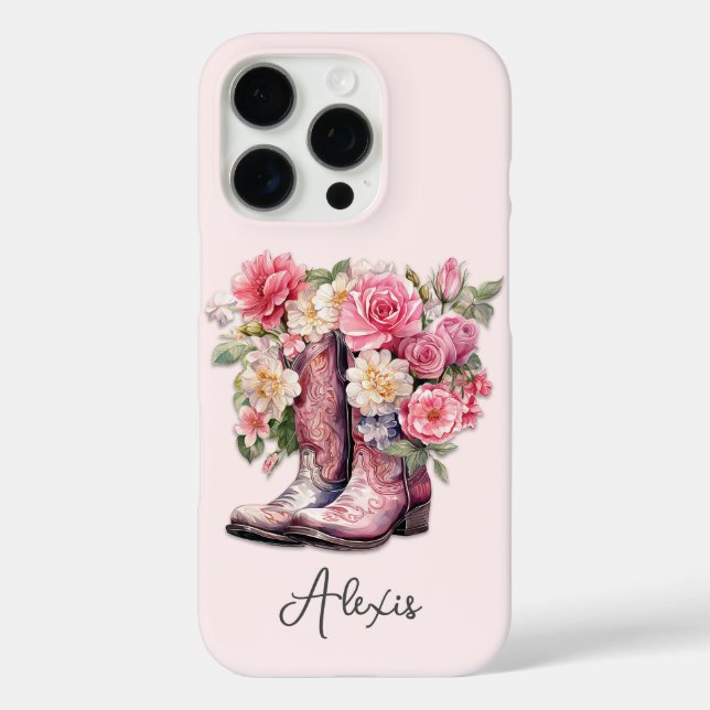 Pink Boots with Flowers Monogrammed Case-Mate iPhone Case (Back)