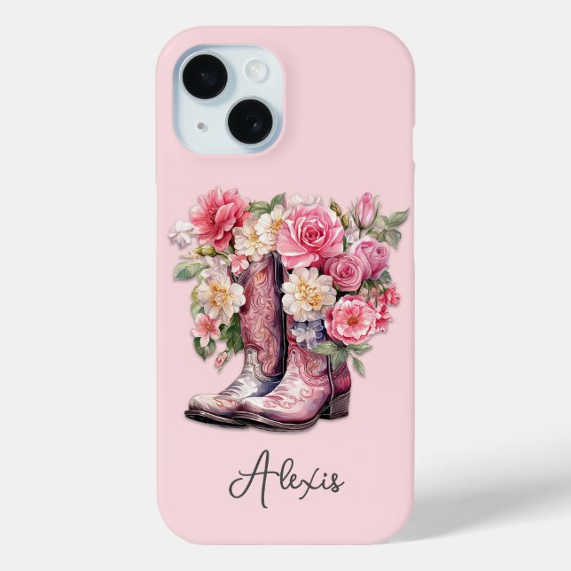 Pink Boots with Flowers Monogrammed Case-Mate iPhone Case (Back)