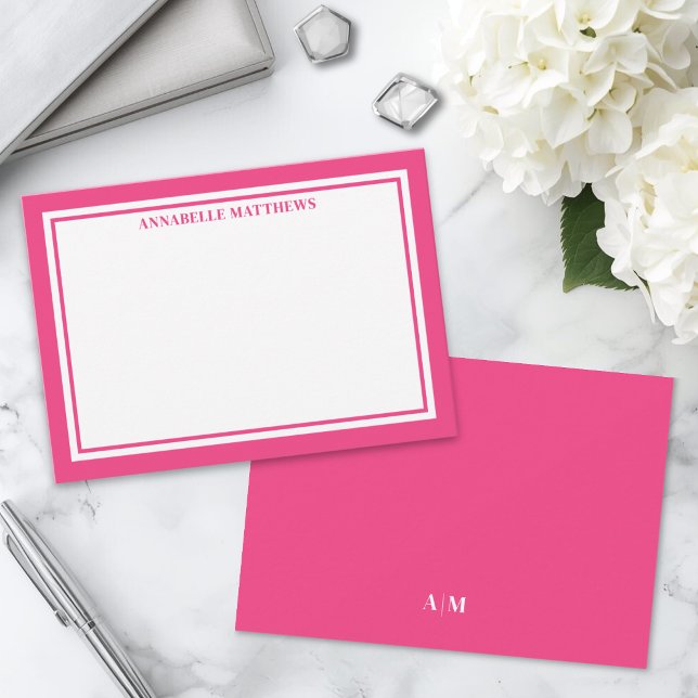 Pink Border Minimalist Name Monogram Card (Pink Border Minimalist Name Monogram Note Card )