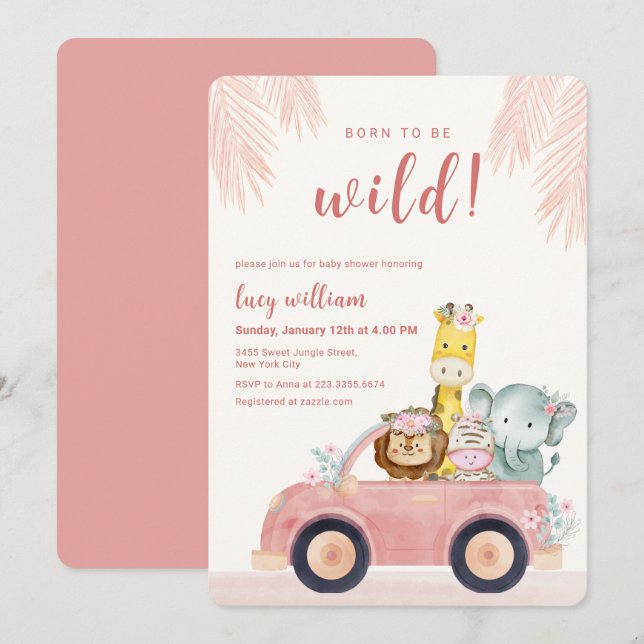 Pink Born To Be Wild Safari Animals Baby Shower Invitation (Front/Back)
