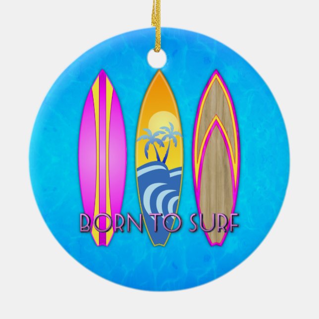 Pink Born To Surf Ceramic Tree Decoration (Back)