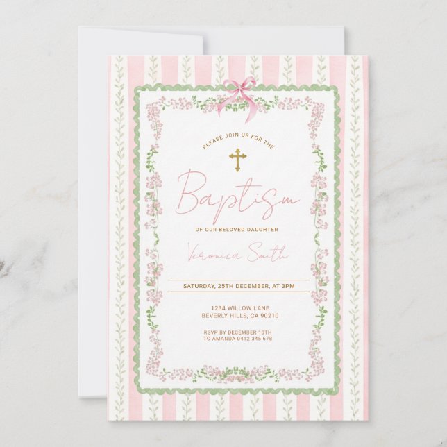 Pink Botanical Baptism Girl Christening Invitation (Front)