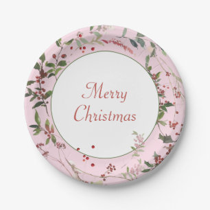 Pink Botanical Berries and Leaves Christmas  Paper Plate