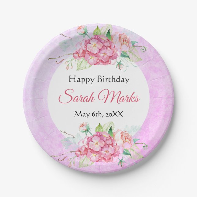 Pink Botanical Birthday Paper Plate (Front)