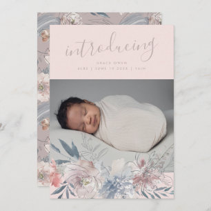 Pink Botanical Boho Pampas Florals Baby Girl Announcement