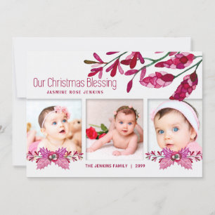 Pink Botanical Christmas Blessings 3 Photos Holiday Card