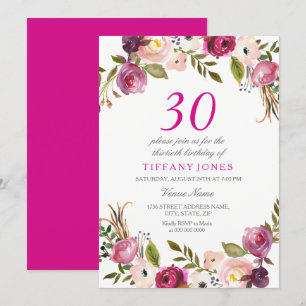 Pink Botanical Floral 30th Birthday Party Invite