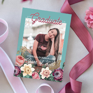 Pink Botanical Floral Boho Graduation Announcement