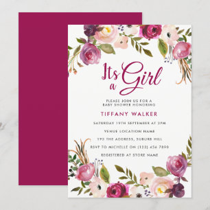 Pink Botanical Floral Girl Baby Shower Invitation