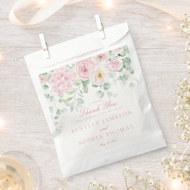 Pink Botanical Floral Hydrangea Wedding Dessert Favour Bags (Clipped)