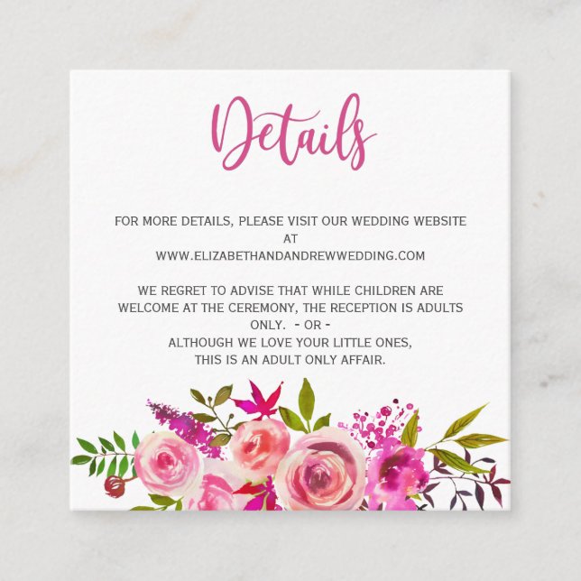 Pink Botanical Floral Wedding Details Info Enclosure Card (Front)