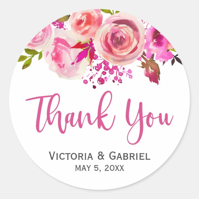 Pink Botanical Floral Wedding Thank You Classic Round Sticker (Front)