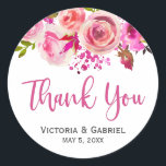 Pink Botanical Floral Wedding Thank You Classic Round Sticker<br><div class="desc">Pink Fuchsia Botanical Floral | Typography Wedding sticker/label for yor gift favour. Modern, chic, soft pink and fuchsia rose watercolor Botanical floral arrangement wedding design on white background. Feature an elegant handwritten typography design with text „Thank You”. Perfect choise for romantic spring and summer weddings. If you need any help...</div>
