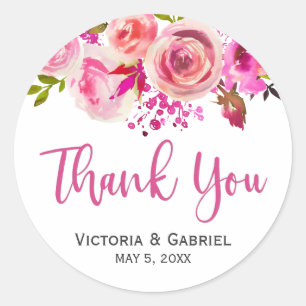 Pink Botanical Floral Wedding Thank You Classic Round Sticker