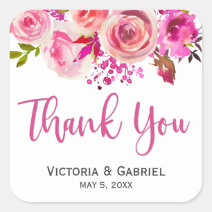 Pink Botanical Floral Wedding Thank You Square Sticker
