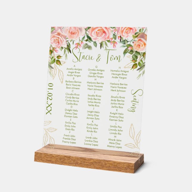 Pink Botanical Florals Gold Wedding Seating Acrylic Sign (Angle)