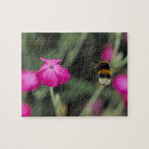 Pink Botanical Flower And Bee Nature Photography Jigsaw Puzzle