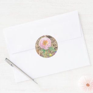 Pink Botanical Flower, Vintage Newspapers Classic Round Sticker