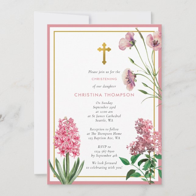 Pink Botanical & Gold Baptism Christening Girl Invitation (Front)