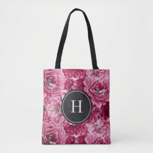 Pink Botanical Peonies Pattern Bridesmaid Monogram Tote Bag