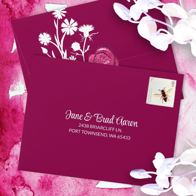 Pink Botanical, Pre-addressed RSVP Envelope (berry pink deep magenta violet rsvp envelopes wild flowers)