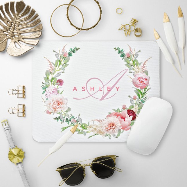 Pink Botanical Rose & Peony Wreath Name Monogram Mouse Mat (Creator Uploaded)