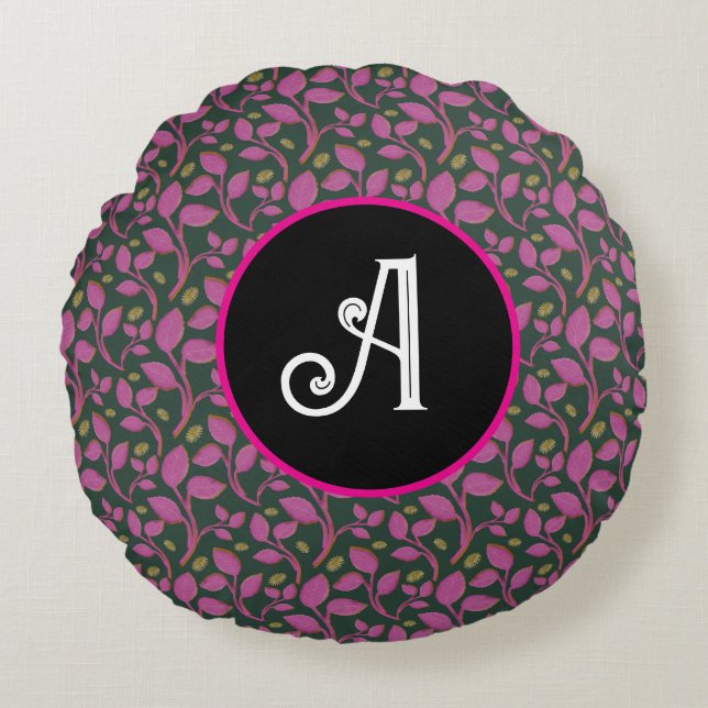 Pink Botanical Vine Pattern | Elegant Floral Leaf  Round Cushion (Front)