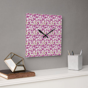 Pink Botanical Vine Pattern Elegant Floral Leaf Square Wall Clock
