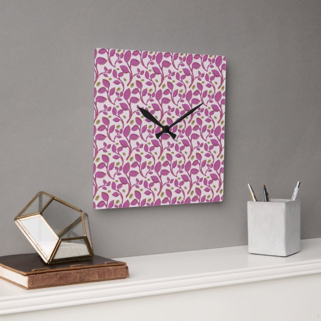 Pink Botanical Vine Pattern | Elegant Floral Leaf  Square Wall Clock (Office)