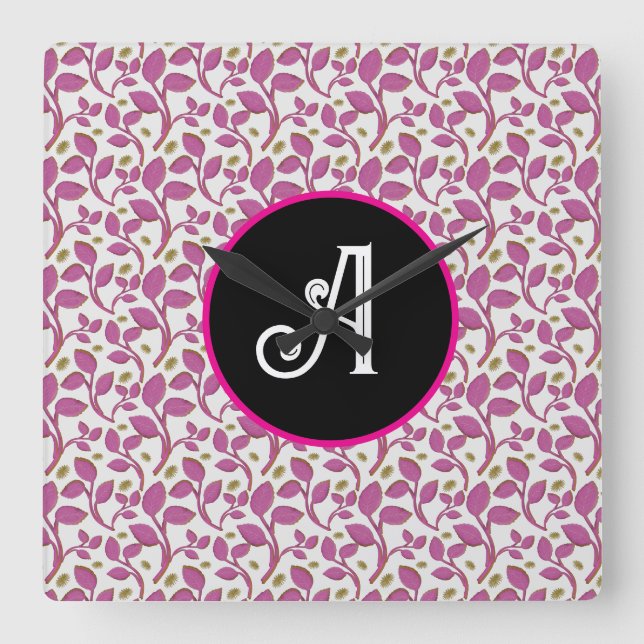 Pink Botanical Vine Pattern | Elegant Floral Leaf  Square Wall Clock (Front)
