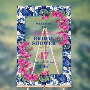 Pink Bougainvillea Blue Tile Bridal Shower Welcome Acrylic Sign