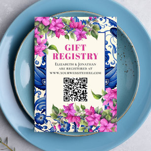 Pink Bougainvillea Blue Tile QR Gift Registry Enclosure Card