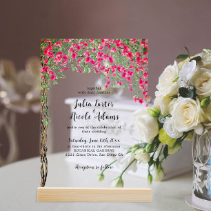 Pink Bougainvillea Tropical Forest Wedding Acrylic Invitations