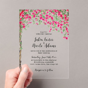 Pink Bougainvillea Tropical Forest Wedding Acrylic Invitations