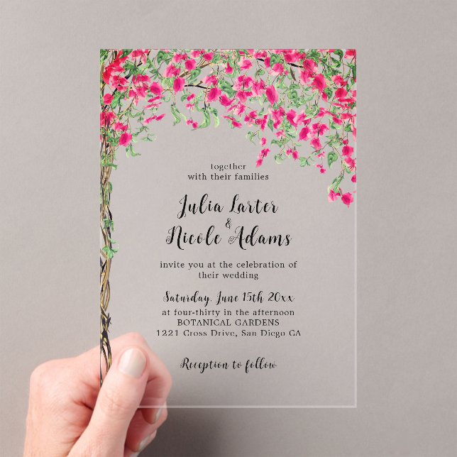 Pink Bougainvillea Tropical Forest Wedding Acrylic Invitations (Insitu (Handheld))