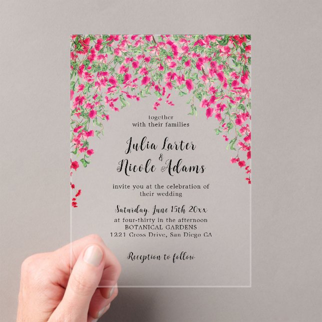 Pink Bougainvillea Tropical Forest Wedding Shower Acrylic Invitations (Insitu (Handheld))