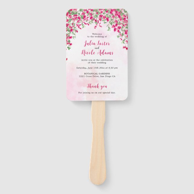 Pink Bougainvillea Tropical Forest Wedding Shower Hand Fan (Front)