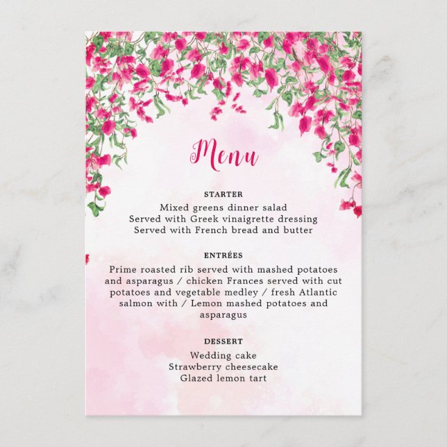 Pink Bougainvillea Tropical Forest Wedding Shower Menu (Front)