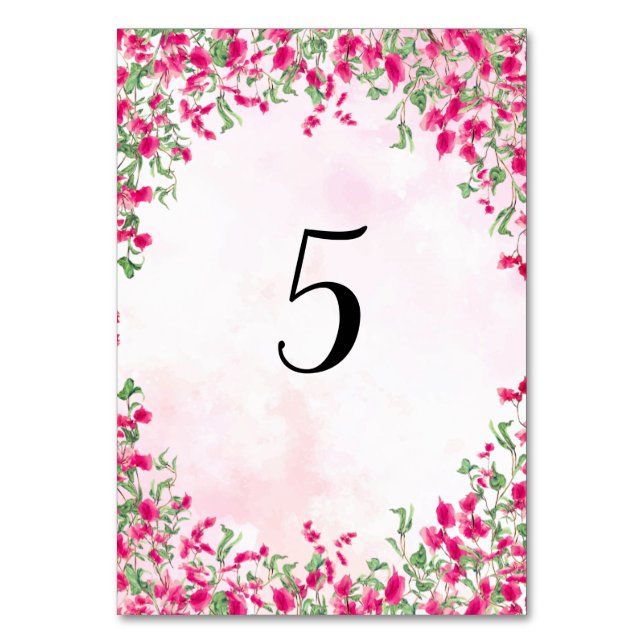 Pink Bougainvillea Tropical Forest Wedding Shower Table Number (Front)