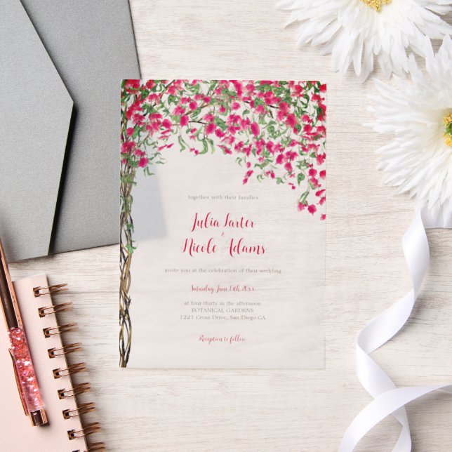 Pink Bougainvillea Tropical Forest Wedding Shower Vellum Invitations (Wedding)