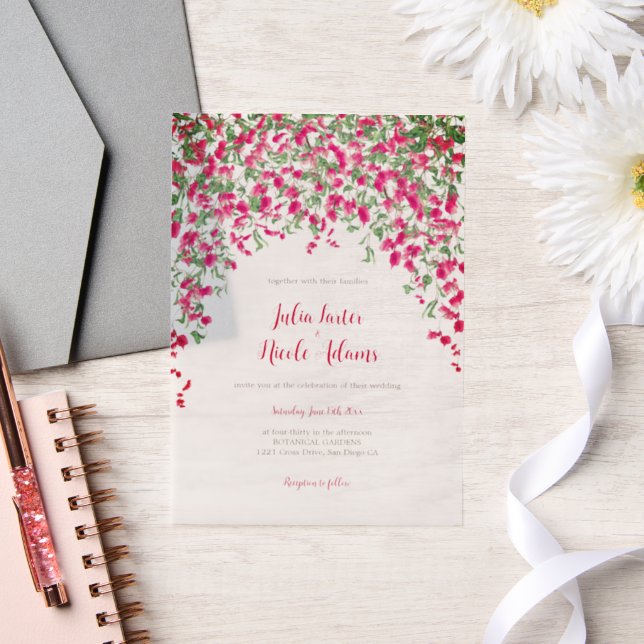 Pink Bougainvillea Tropical Forest Wedding Shower Vellum Invitations (Wedding)