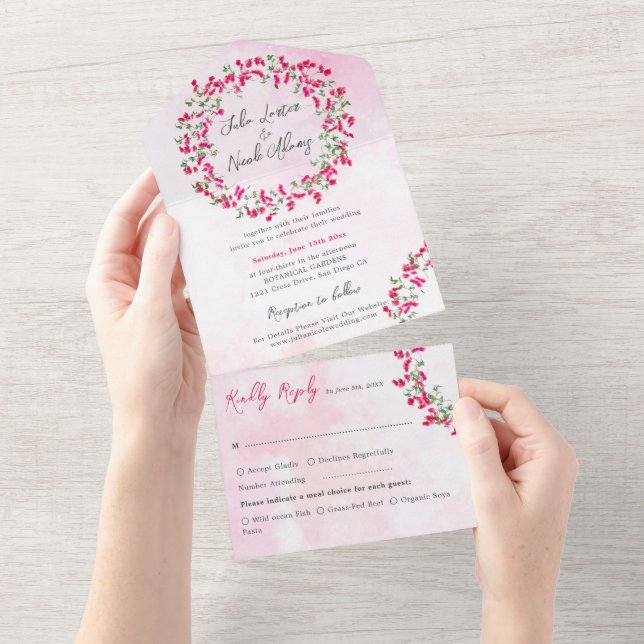 Pink Bougainvillea Tropical Forest Wreath Wedding All In One Invitation (Tearaway)