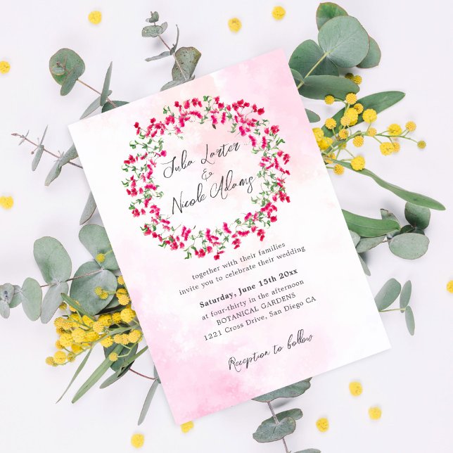 Pink Bougainvillea Tropical Forest Wreath Wedding Invitation (Creator Uploaded)