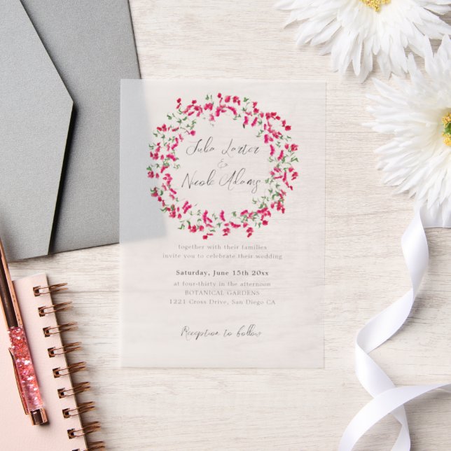 Pink Bougainvillea Tropical Forest Wreath Wedding Vellum Invitations (Wedding)