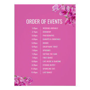 Pink bougainvillea wedding order of events poster