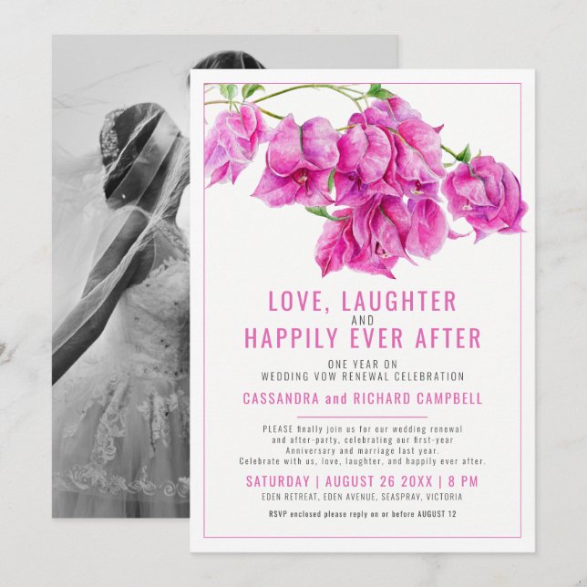 Pink bougainvillea wedding vow renewal 1 year on invitation (Front/Back)