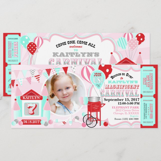 Pink Bounce House Carnival Birthday Invitation (Front/Back)