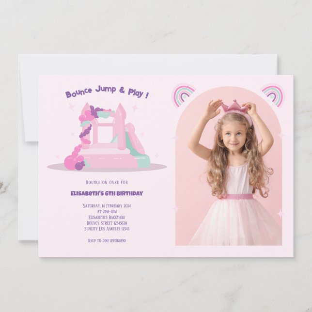 Pink Bounce House Castle Birthday Photo Invitation (Front)