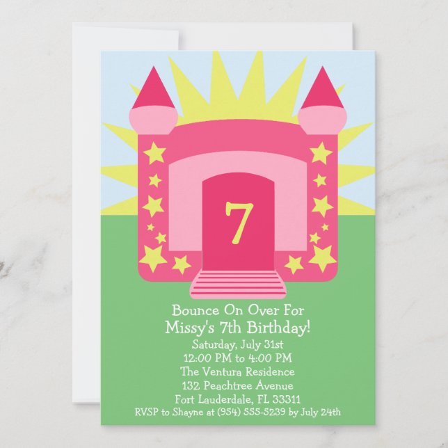 Pink Bounce On Over Bounce House Birthday Party Invitation (Front)
